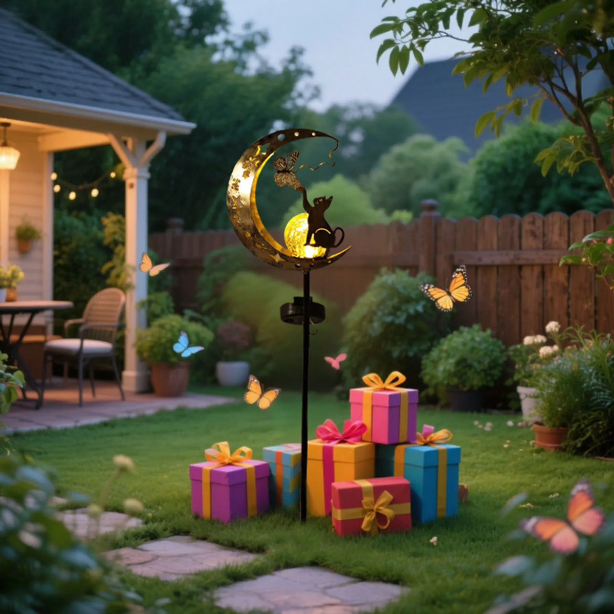 Cat Moon Solar Garden Lamp – Outdoor Iron Decorative Light with Auto Sensor