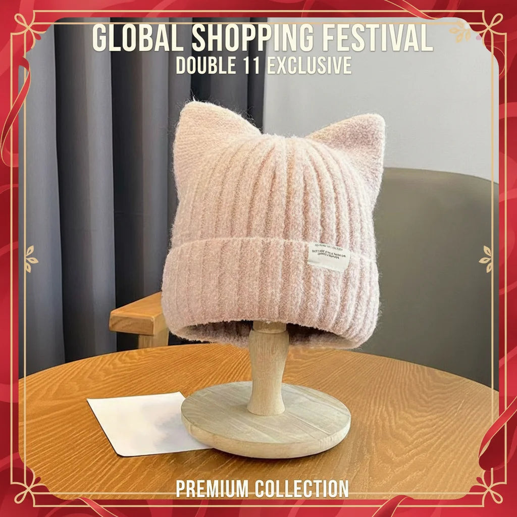Cat Ear Knit Beanie Winter Hat - Warm Windproof Thick Cap for Women and Girls