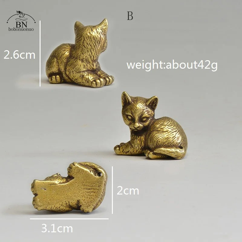 Brass Cat Figurines Miniature Desktop Ornaments Small Animal Tea Pet Home Decor