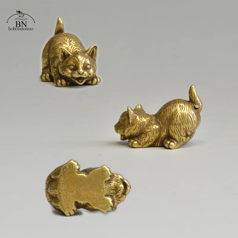 Brass Cat Figurines Miniature Desktop Ornaments Small Animal Tea Pet Home Decor