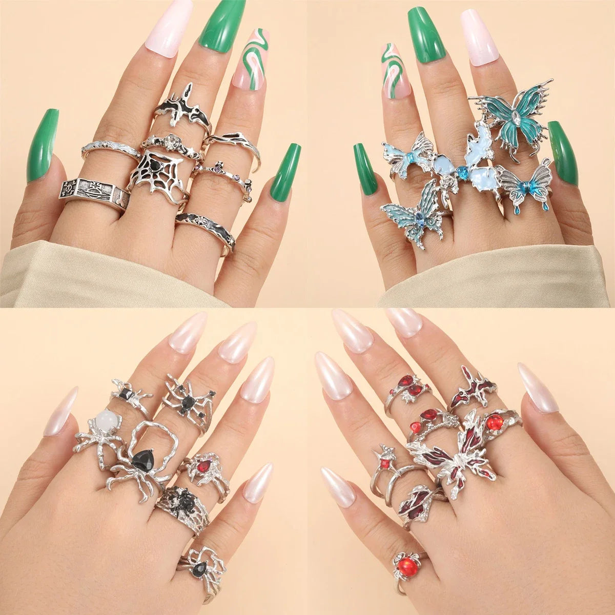 Gothic Red Crystal Heart Rings Set – 8pcs Irregular Y2K Butterfly Spider Aesthetic Jewelry for Women