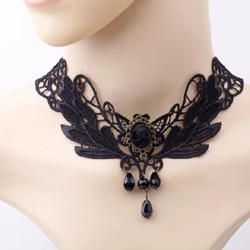 Gothic Victorian Black Lace Choker Necklace with Crystal Tassel, Dark Lolita Jewelry