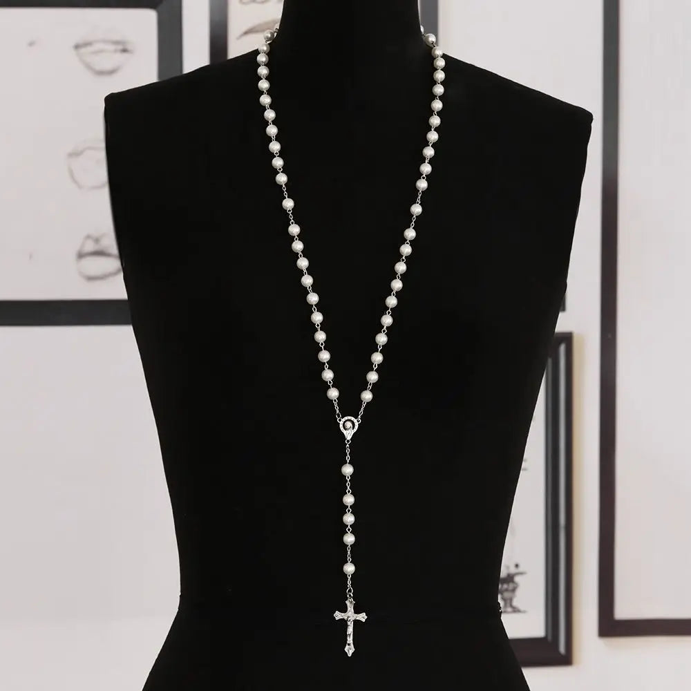 Rosary Bead Cross Necklace Vintage Virgin Mary Pendant Gothic Catholic Jewelry