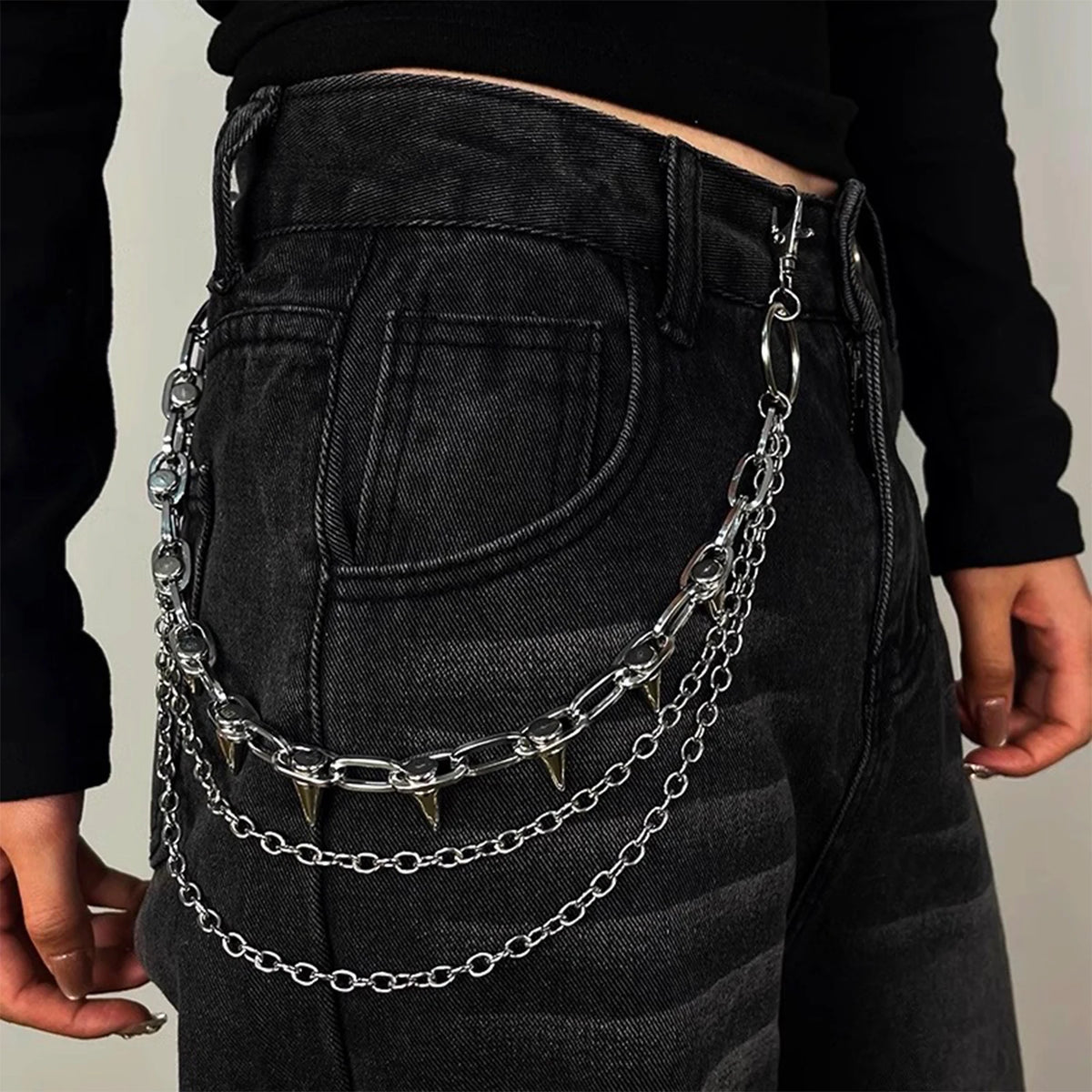 Silver Punk Double-Layer Waist Chain with Rivets – Adjustable Metal Belt Pants Chain for Women & Men