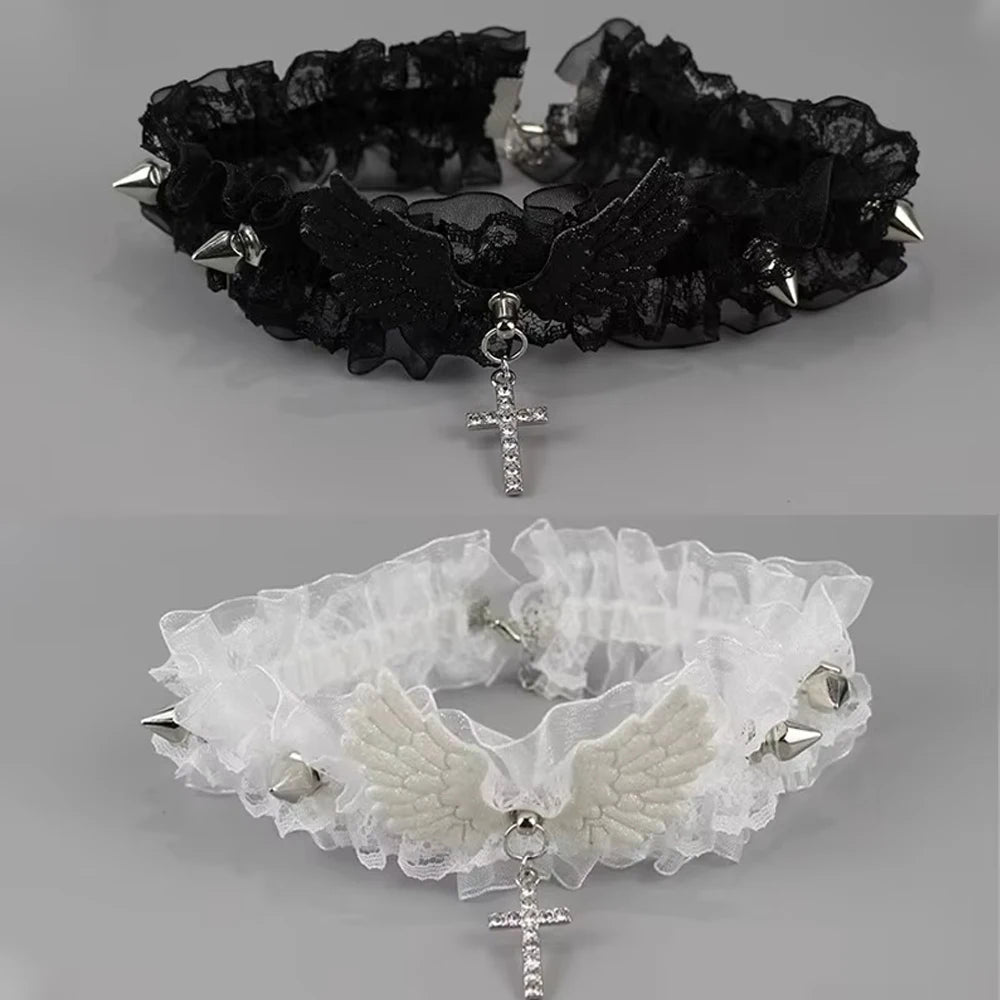 Wide Lace Rivet Choker Necklace - Y2K Angel Wing Leather Collar for Women & Girls