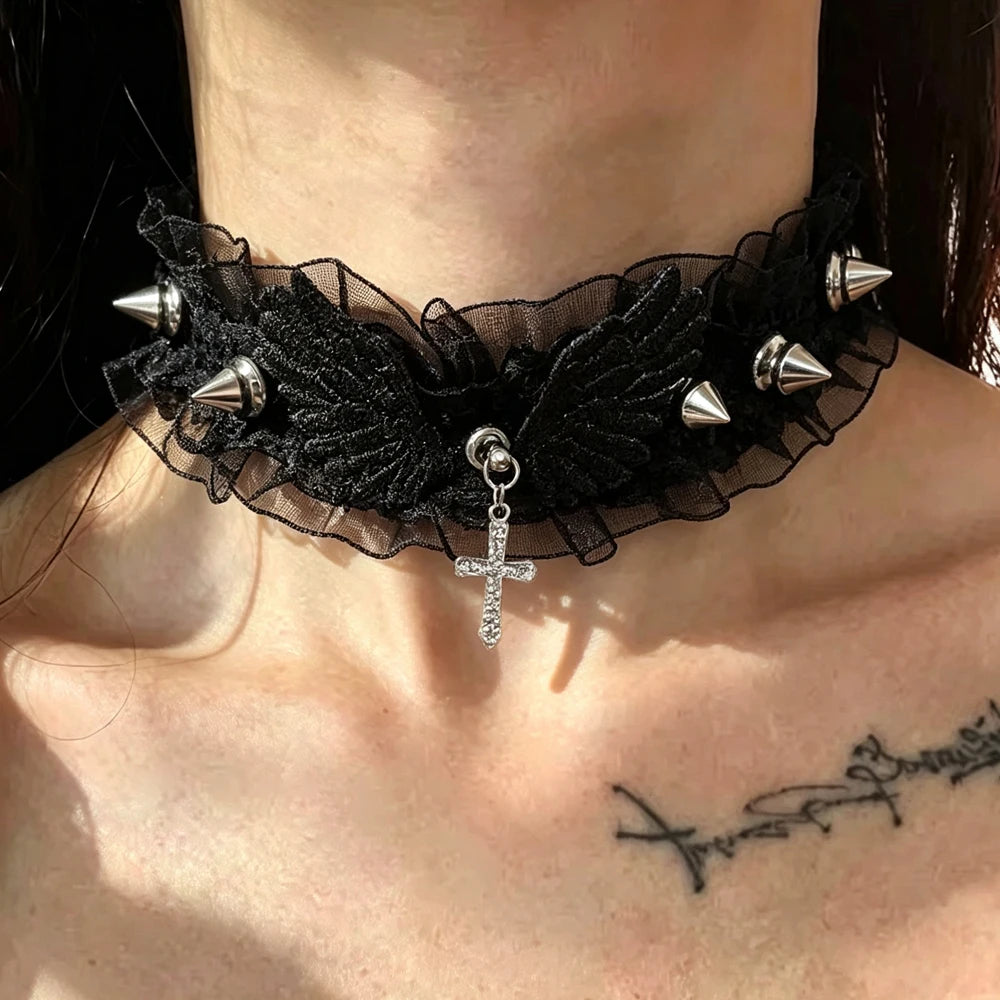 Wide Lace Rivet Choker Necklace - Y2K Angel Wing Leather Collar for Women & Girls