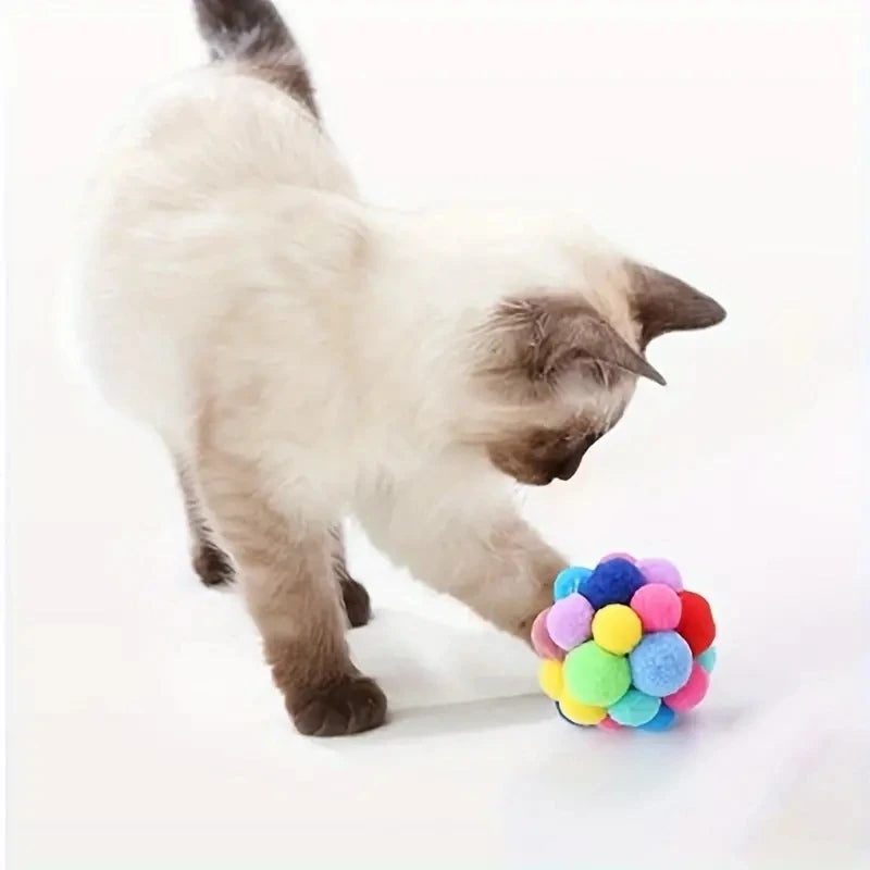 Colorful Pom Pom Cat Toy Ball with Bell Interactive Kitten Play Balls
