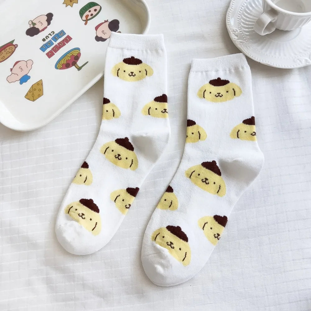 Sanrio Pompompurin Socks – Kawaii Mid-Length Breathable Cotton Socks for Girls