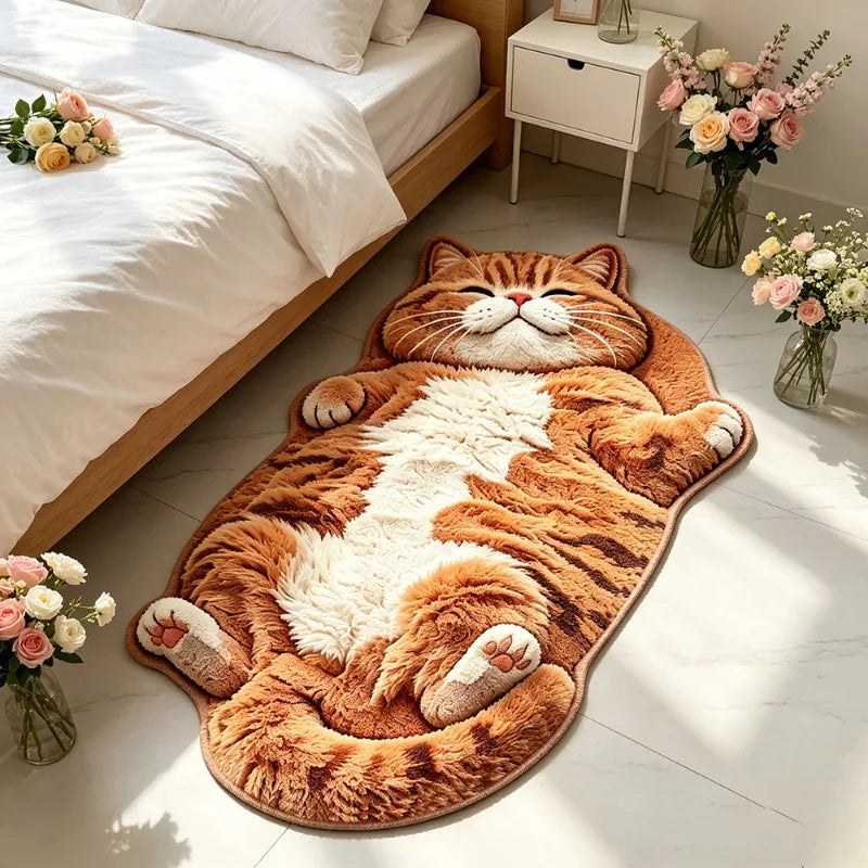 Cute Cat-Shaped Plush Floor Rug - Soft Irregular Bedroom Bedside Carpet Mat