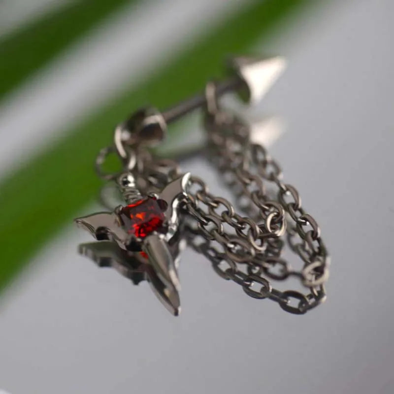 Gothic Red Zircon Wing Chain Stainless Steel Ear Cuff Piercing Earring – Punk Silver Rivet Ear Bone Stud