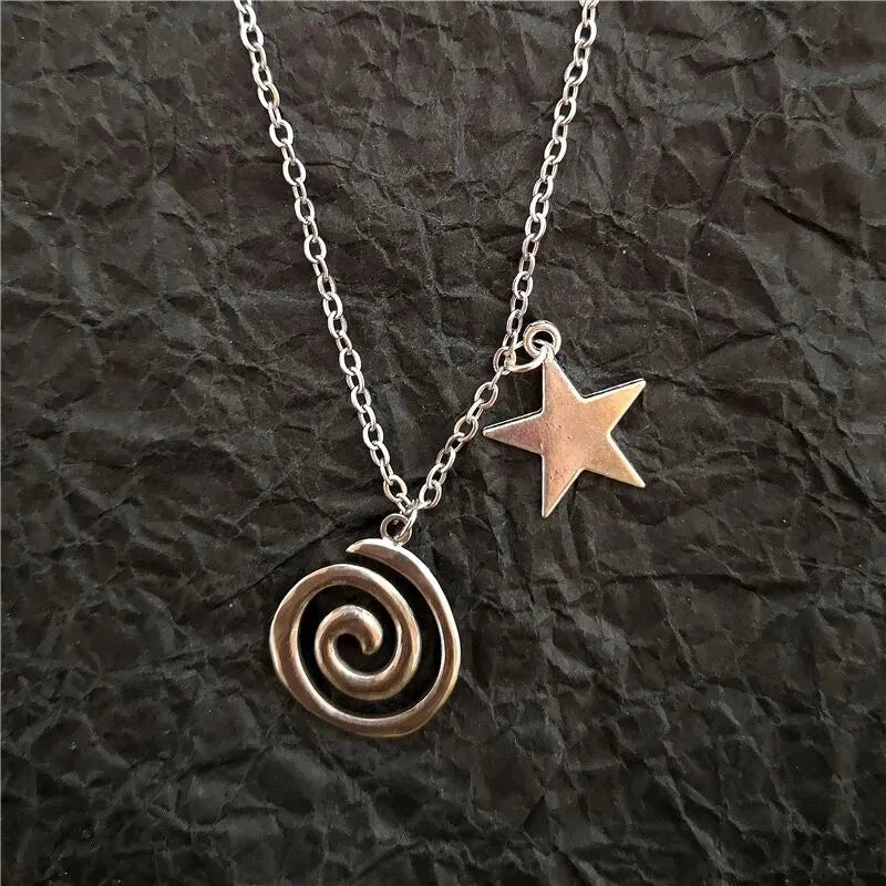 Y2K Spiral Vortex Pendant Necklace - Boho Leather Rope Pentagram Jewelry