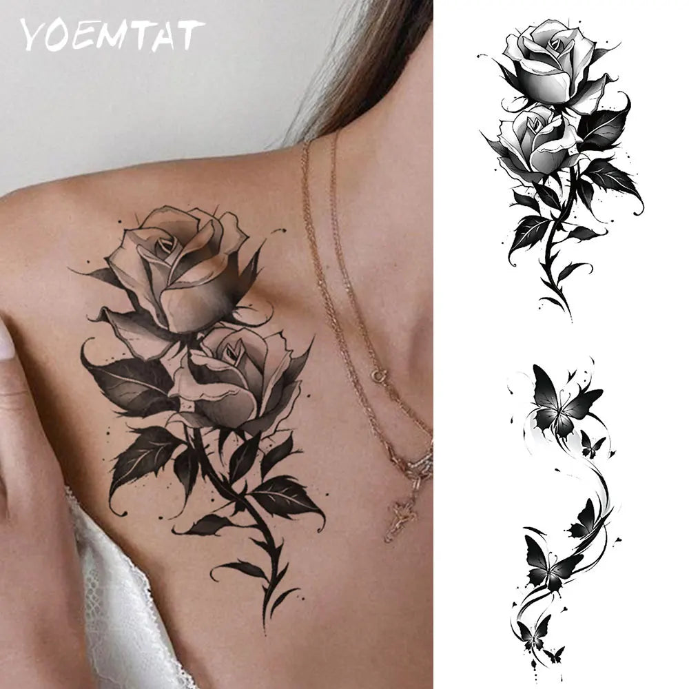 2pcs Black Rose Butterfly Waterproof Temporary Tattoo Stickers, Floral Body Art
