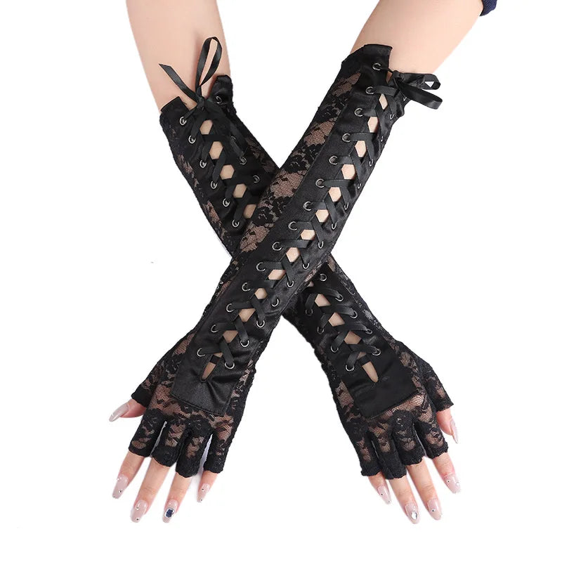 Fingerless Fishnet Lace Gloves Women Gothic Lolita Ribbon Long Elbow Mittens