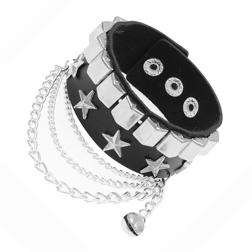 Punk Dark PU Leather Layered Wrap Bracelet for Women and Men – Gothic Chain Hip Hop Rock Jewelry