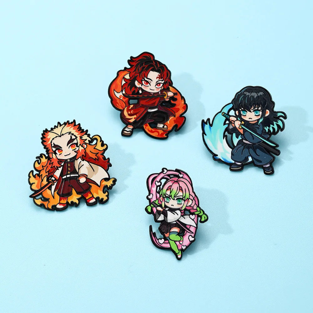 Demon Slayer Enamel Pins Set 4pcs Rengoku Anime Cartoon Jewelry Brooch Accessory