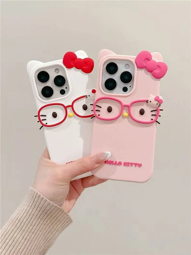 Cute 3D Cat with Glasses Silicone Phone Case – Soft Cartoon Cover for iPhone
