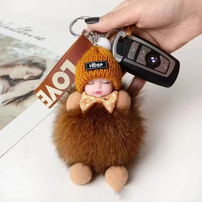 Cute Fluffy Sleepy Doll Keychain – Kawaii Plush Bag Charm Car Key Ring Gift