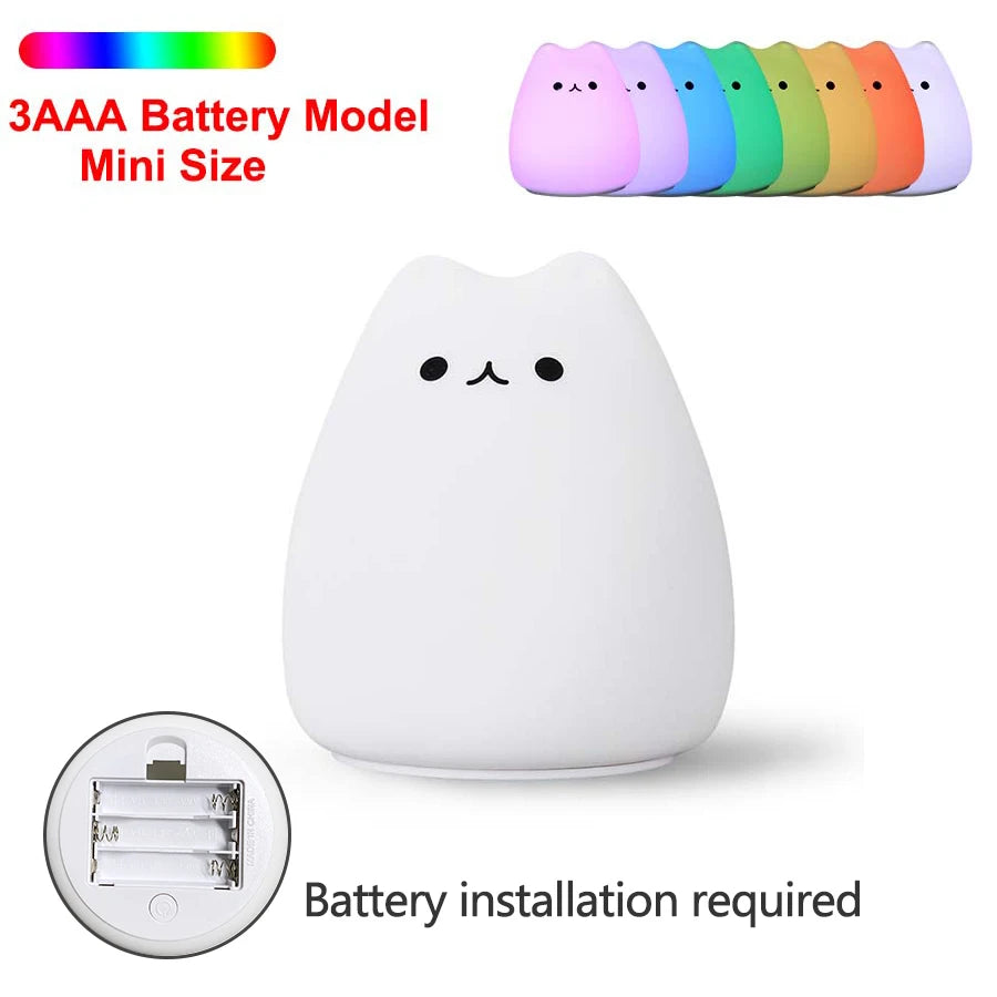Soft Silicone Cat Night Light – 7-Color Touch Sensor LED Lamp for Kids & Baby Bedrooms