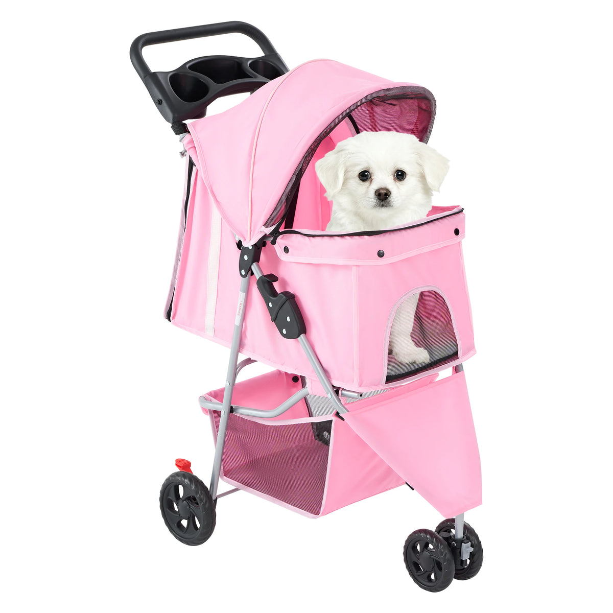 3-Wheel Foldable Pet Stroller – Lightweight Dog & Cat Carrier with Mesh Windows, Storage Basket & Cup Holder