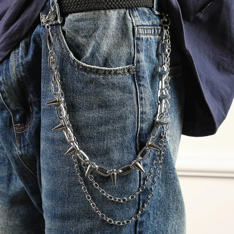 Silver Punk Double-Layer Waist Chain with Rivets – Adjustable Metal Belt Pants Chain for Women & Men