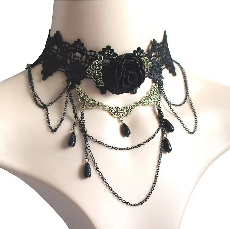Gothic Victorian Black Lace Choker Necklace with Crystal Tassel, Dark Lolita Jewelry