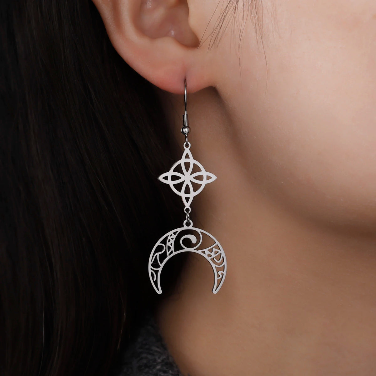 Goth Moon Phase Pentagram Earrings - Stainless Steel Witchy Dangle Jewelry