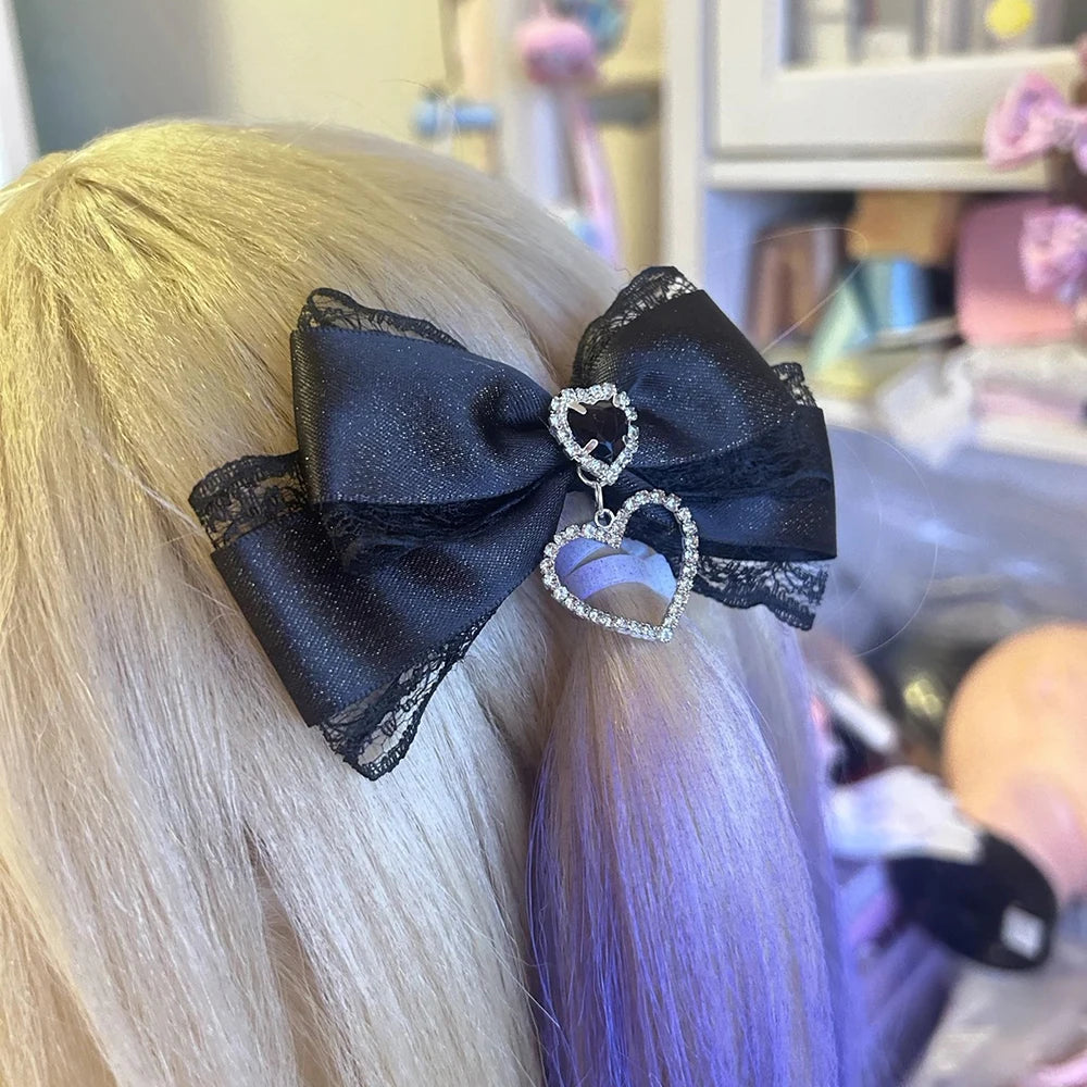 Y2K Gothic Harajuku Lace Bow Hair Clips – Lolita Double Ponytail Hairpins & DIY Bag Decor for Girls