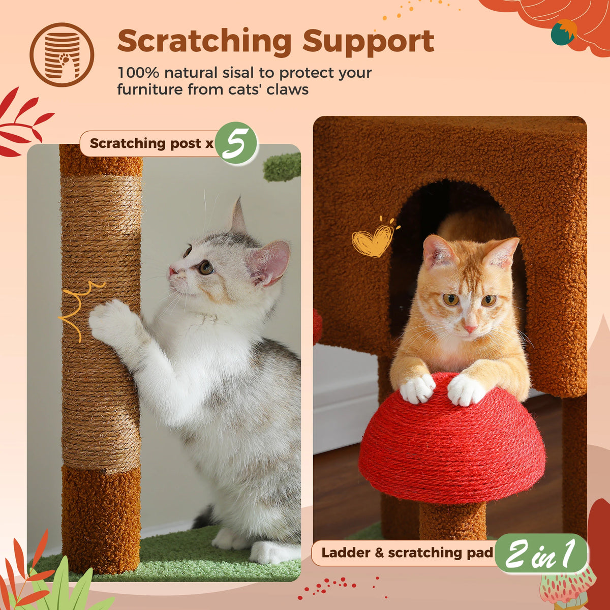 Cat Tree Floor to Ceiling Cat Tower Adjustable Height with Cat Condo Cozy Hammock and Scratching Post Tall Activity Tree Autumn Vibe
