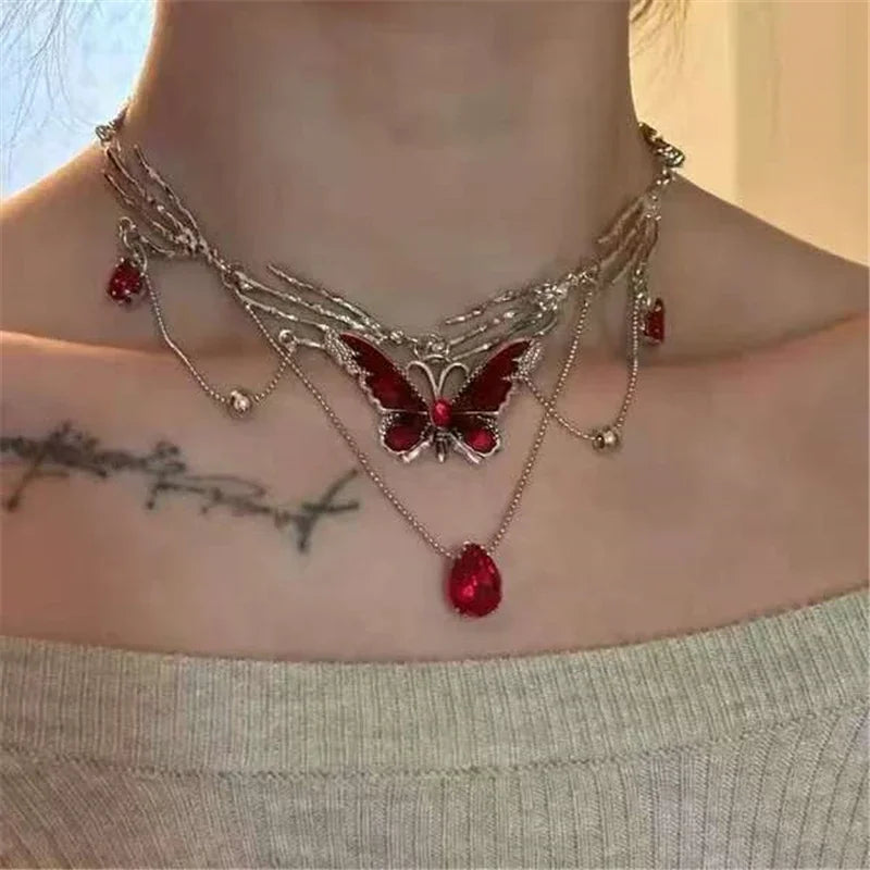 Gothic Red Butterfly Pendant Choker Necklace – Y2K Grunge Charm Jewelry with Star, Heart, Cross & Ghost Claw