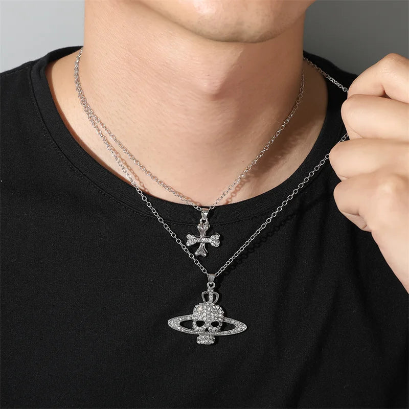 Rhinestone Skull Pendant Long Cross Chain Necklace Vintage Punk Goth Jewelry for Women Men