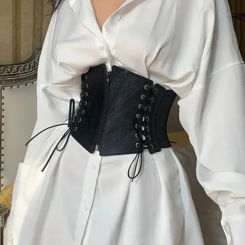 Punk PU Leather Corset Wide Belt - Gothic Elastic Bustier Dress Girdle
