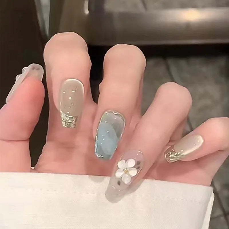 Y2K Star Press On Nails 24pcs – Blue Gradient French Gold Moon Almond False Nails