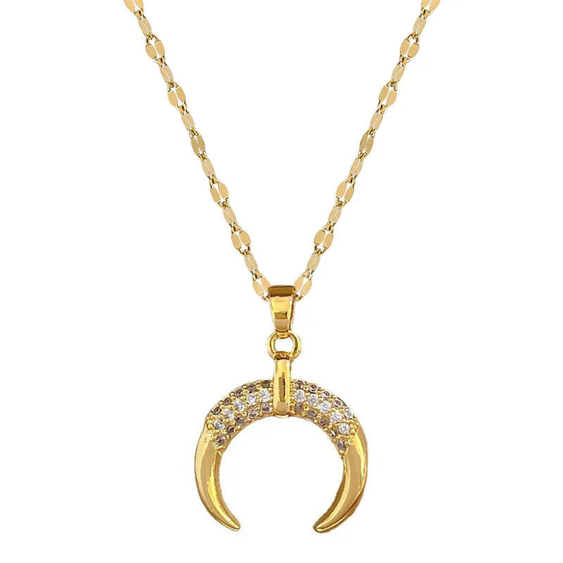 Crescent Moon Pendant Necklace Stainless Steel Zircon Vintage Jewelry