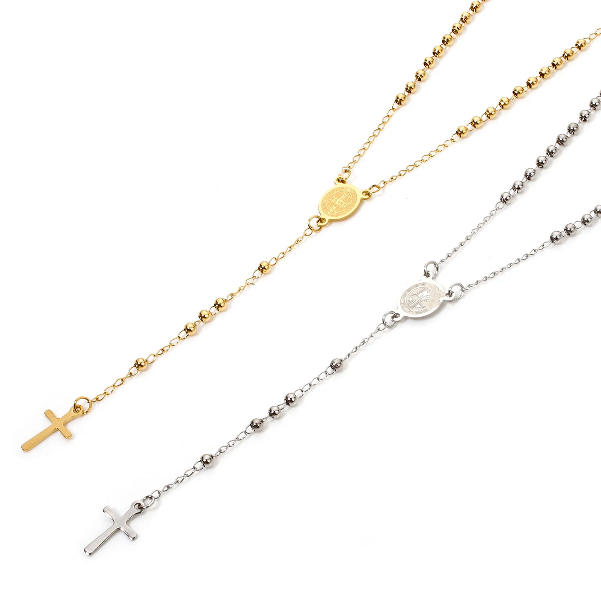 Rosary Necklace Stainless Steel Cross Pendant Prayer Beads Gothic Jewelry Gift 52cm