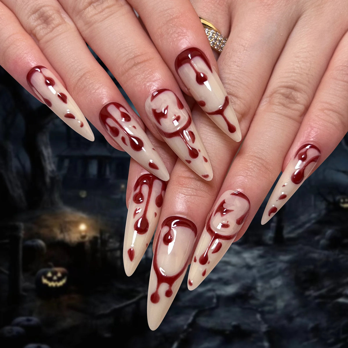 24Pcs Black Y2K Press On Nails, Diamond Butterfly Halloween Long Almond Tips