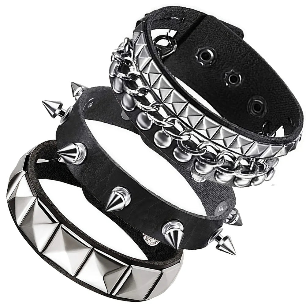 3-Piece Black Gothic Spike Rivet Bracelet Set – Punk Emo Boho Studded Wristbands