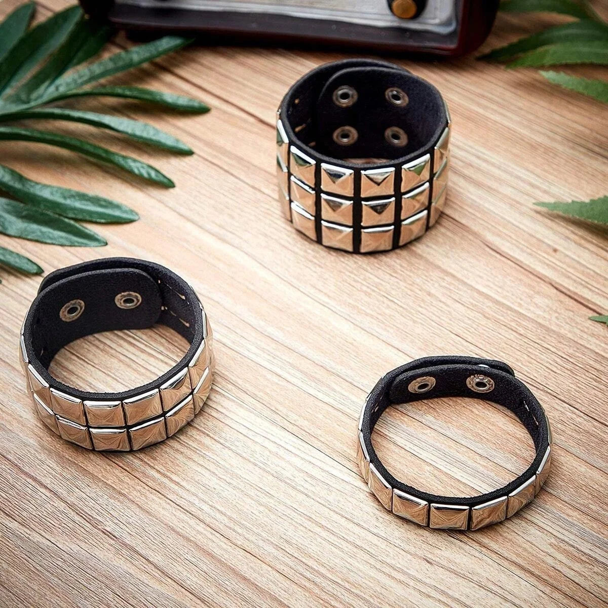 Gothic Punk Studded Leather Cuff Bracelets 3Pcs Set Hip Hop Wristbands Jewelry