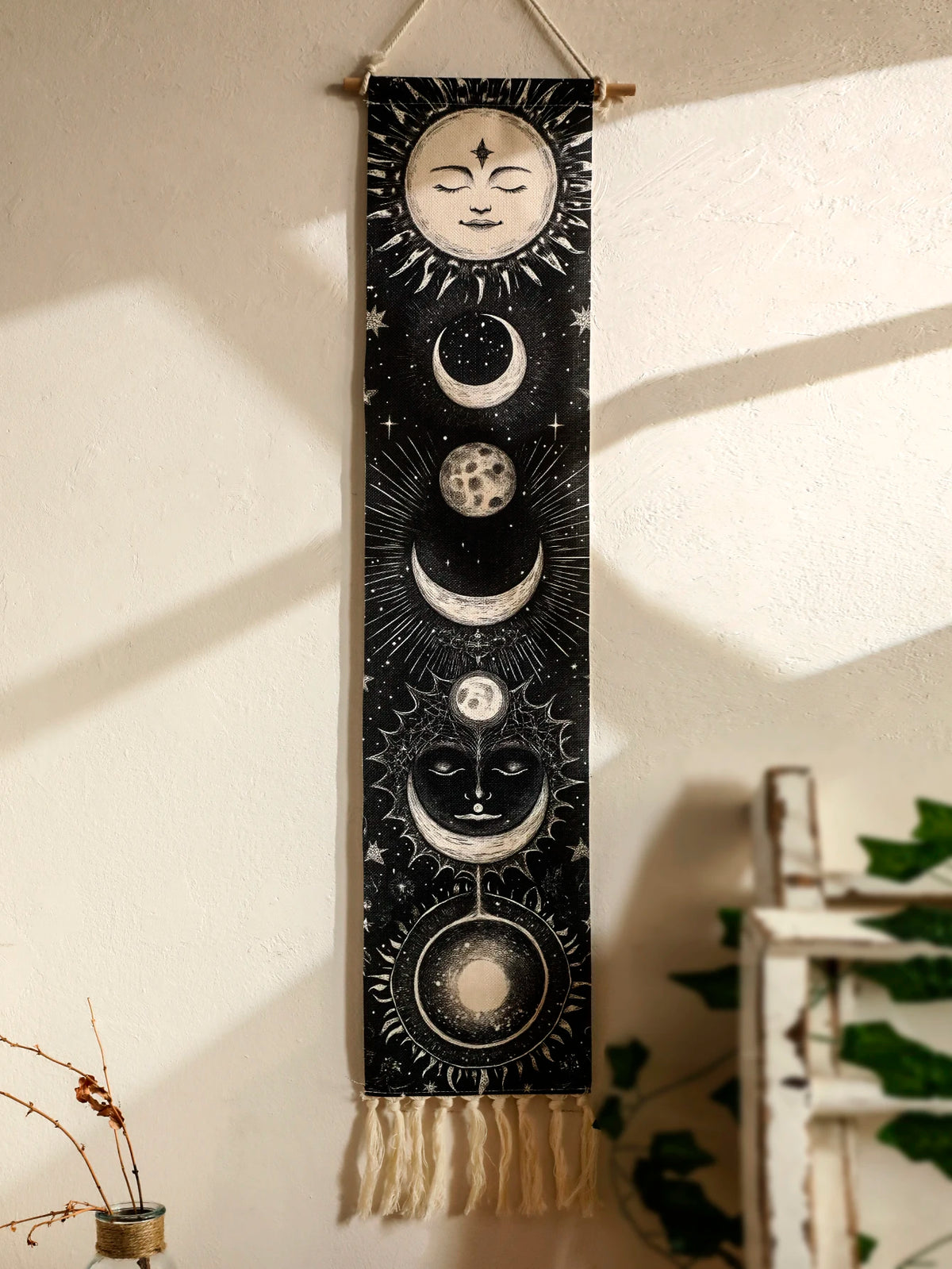 Celestial Moon Phase Tapestry Wall Hanging - Gothic Witchy Black White Boho Decor