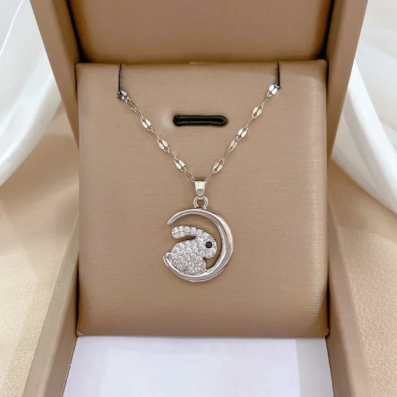 Crescent Moon Pendant Necklace Stainless Steel Zircon Vintage Jewelry