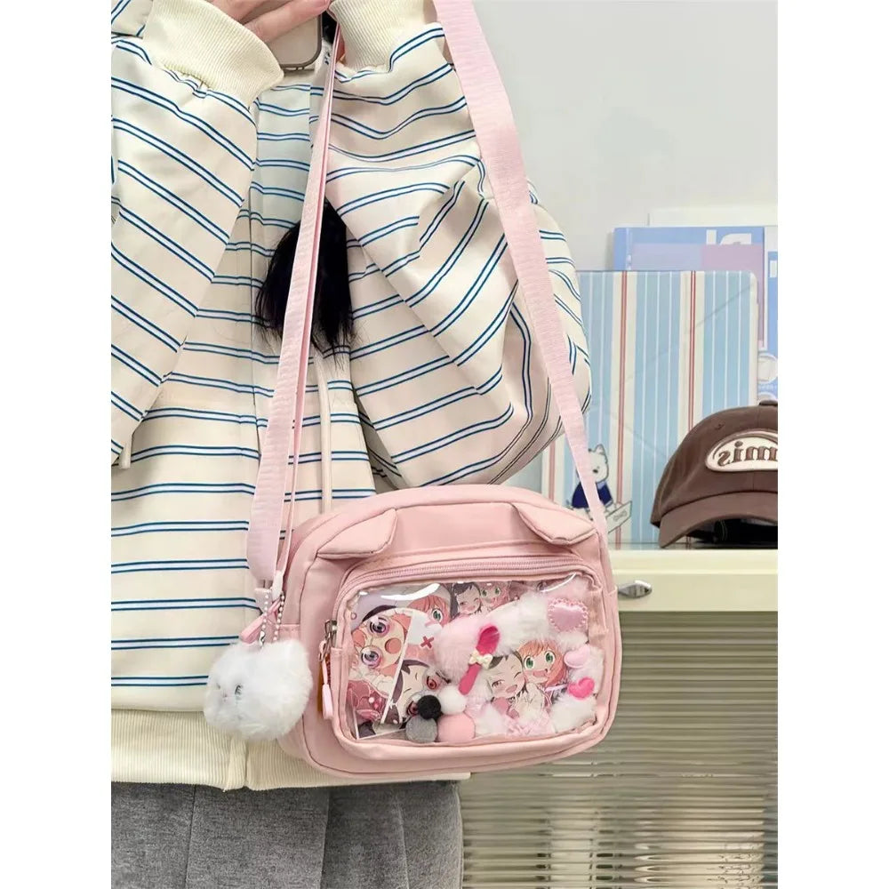 Y2K Clear Ita Crossbody Bag, Transparent Cartoon Doll Display Phone Bag