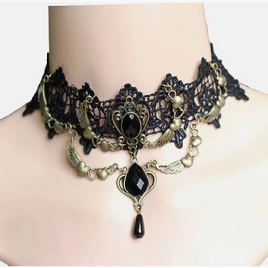 Gothic Victorian Black Lace Choker Necklace with Crystal Tassel, Dark Lolita Jewelry