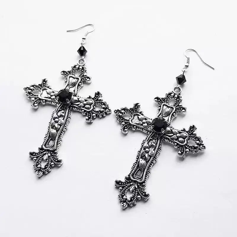 Gothic Black Zircon Crucifix Drop Earrings – Silver Punk Cross Dangle Earrings for Women