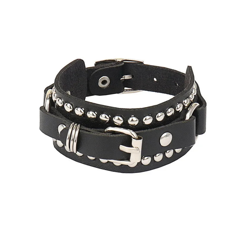 90s Heart Gothic Spike Bracelet – Adjustable Black Studded Faux Leather Punk Rock Wristband