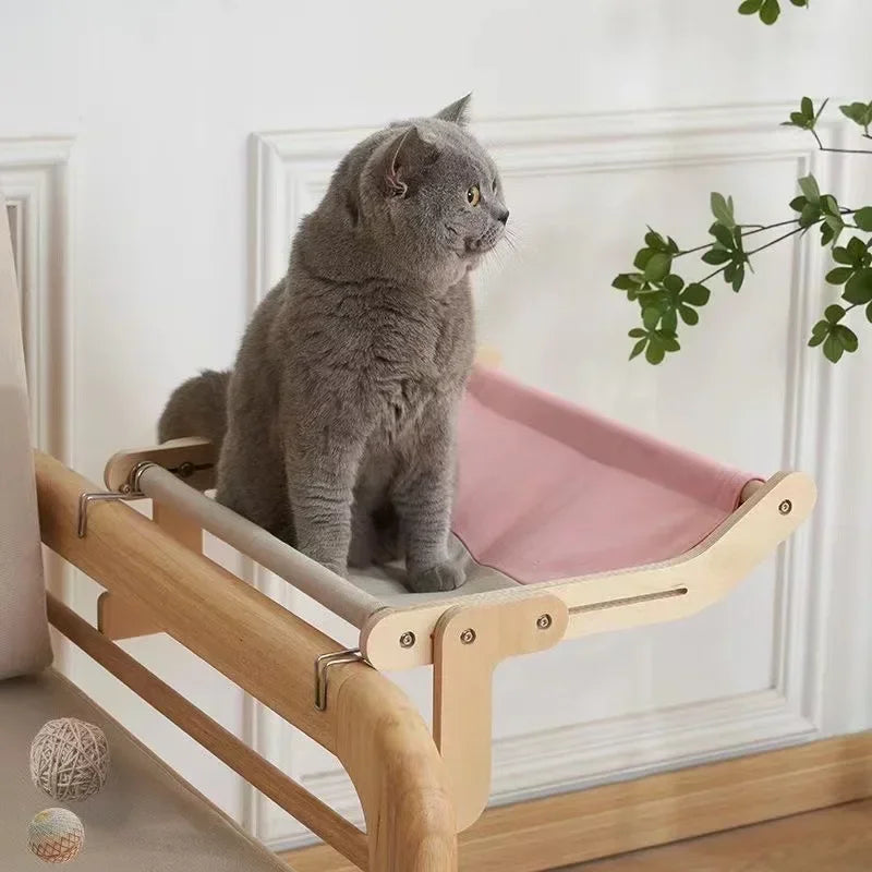 Wooden Cat Hammock Hanging Bed – Washable Cotton Canvas Cat Nest Bed with Plywood Frame