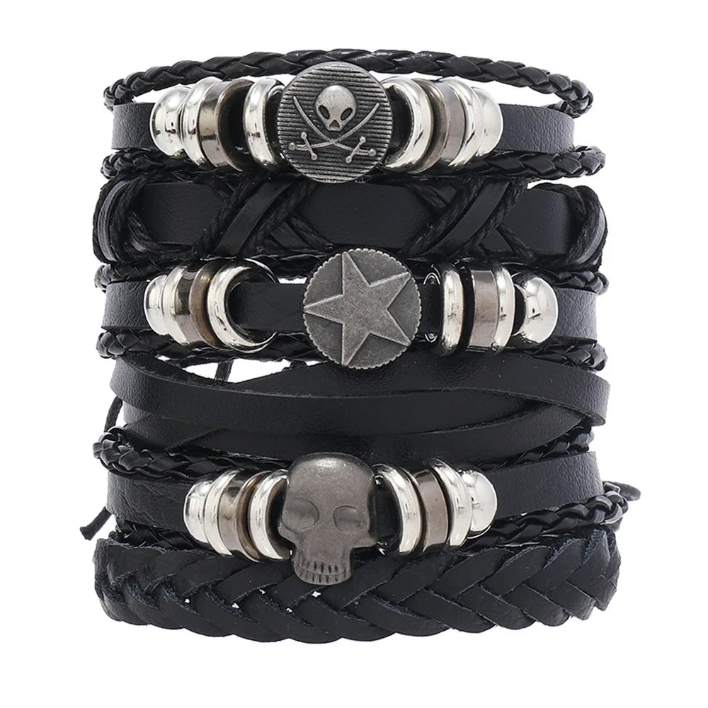 Black Punk Skull & Star Leather Bracelet Set – Gothic Alloy Wristband for Men & Women