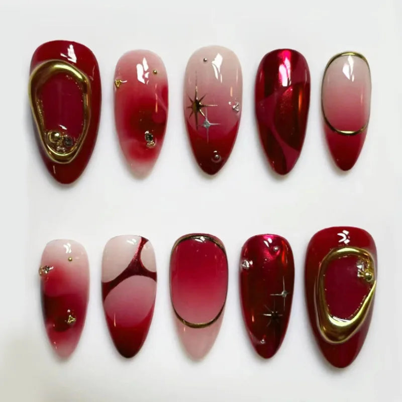 Y2K Star Press On Nails 24pcs – Blue Gradient French Gold Moon Almond False Nails