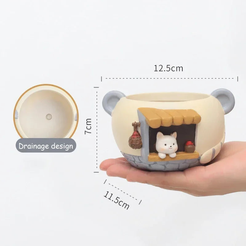 Cute Kitty Fox Resin Succulent Planter Mini Desk Flowerpot for Home Office Decor