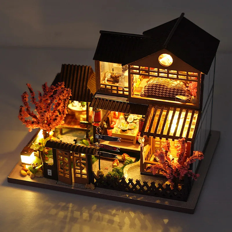 Miniature Wooden Dollhouse DIY Kit with LED Lights & Furniture – Handmade Birthday Gift