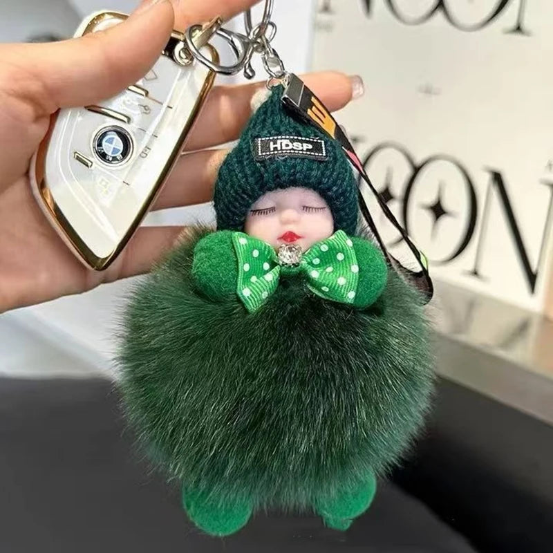 Cute Fluffy Sleepy Doll Keychain – Kawaii Plush Bag Charm Car Key Ring Gift