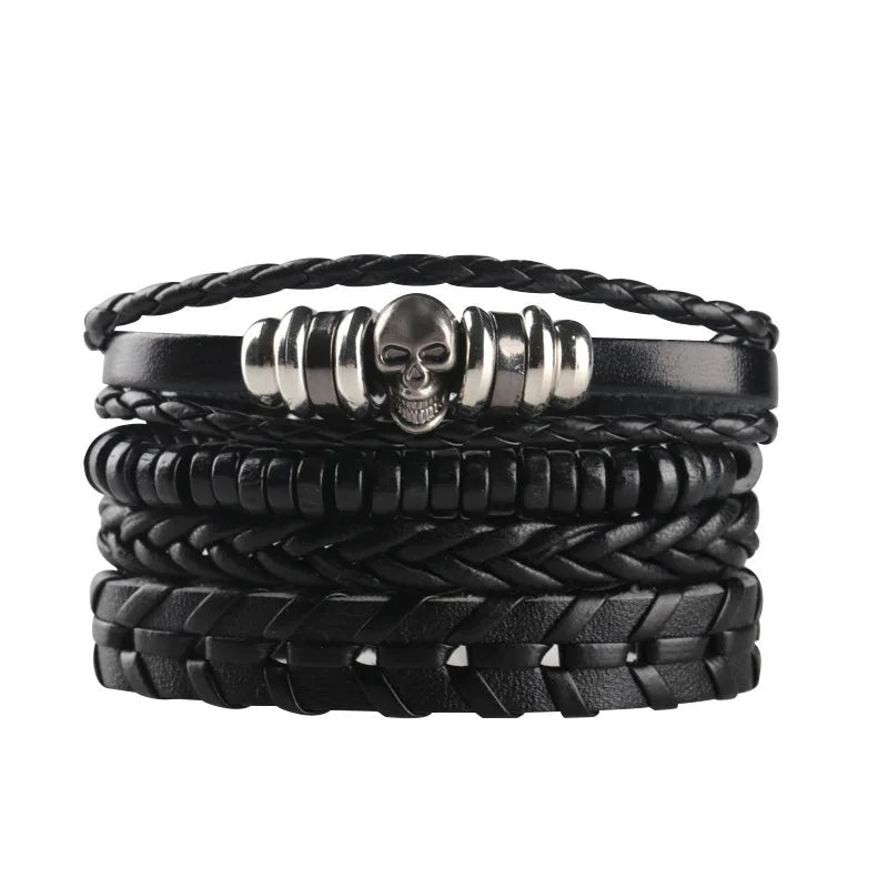 Black Punk Skull & Star Leather Bracelet Set – Gothic Alloy Wristband for Men & Women